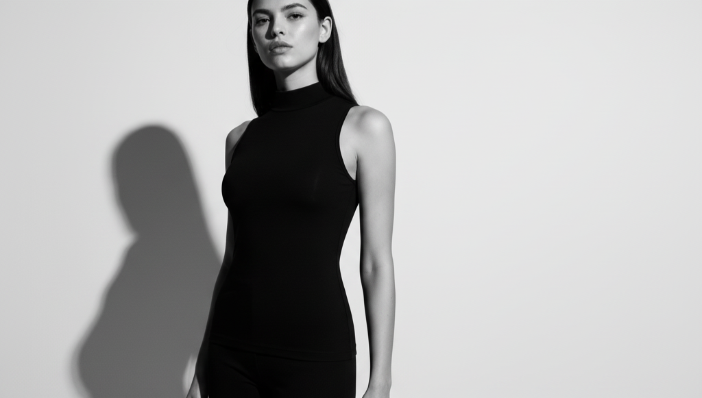 Woman wearing a black sleeveless dress against a white background